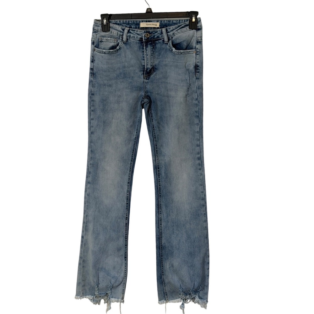 Queen Hearts Paris Jeans Womens L Blue Distressed Frayed Hem Y2K Straight Leg